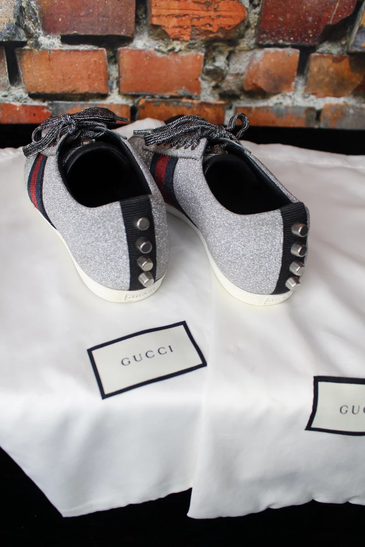 Outlet ๐งจ Gucci TIFFIANY'S CLOSET Glitter Web ๐ Sneaker With Studs ๐ฏ 5 Gucci TIFFIANY'S CLOSET Glitter Web Sneaker With Studs