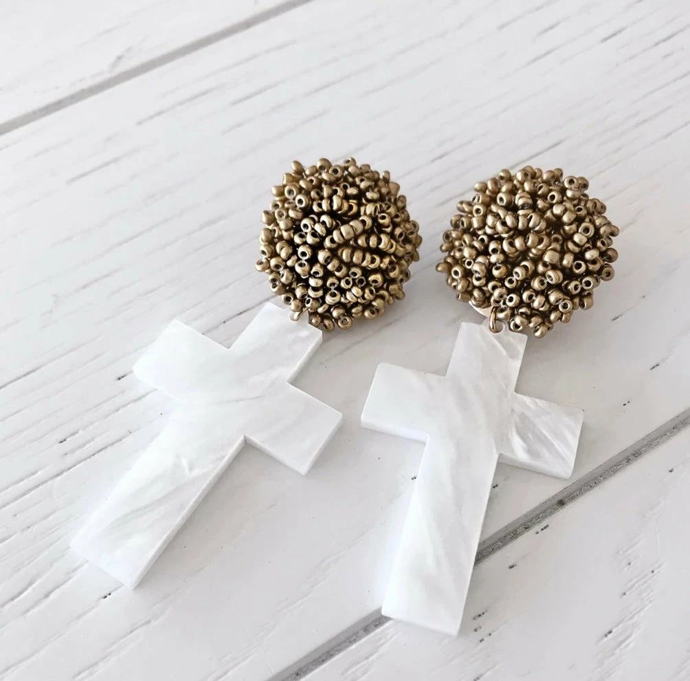 Wholesale ๐คฉ Brianna Cannon Jewelry Pearl White Acrylic Cross With Gold Beaded Top ๐ 3 Brianna Cannon Jewelry Pearl White Acrylic Cross With Gold Beaded Top