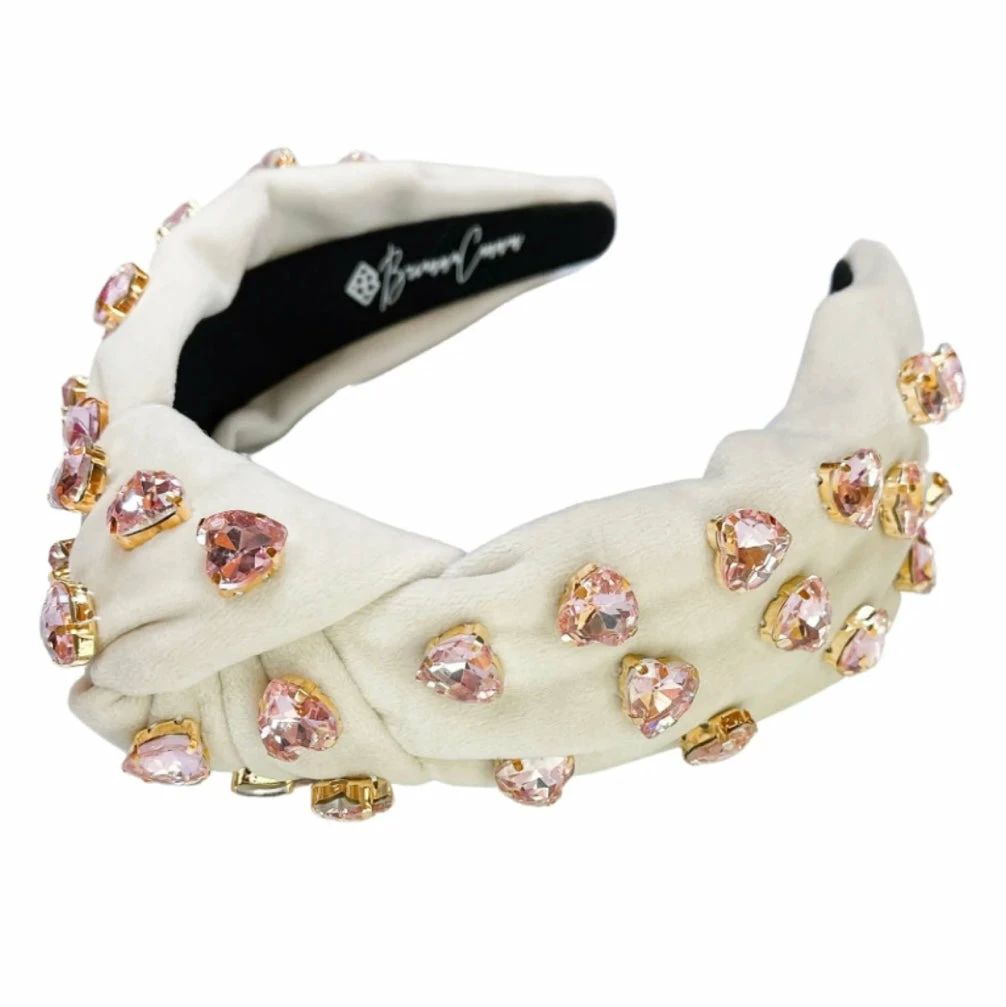 Wholesale ⭐ Brianna Cannon Ivory Velvet Headband With Hand-Sewn Pink Heart Crystals New Arrivals ✨ 6 Brianna Cannon Ivory Velvet Headband With Hand-Sewn Pink Heart Crystals New Arrivals