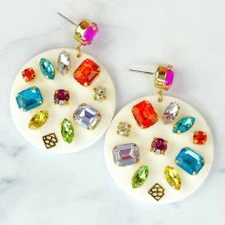 Brianna Cannon White Round Drop Earrings With Rainbow Crystals Jewelry