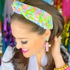 Brianna Cannon Bright Floral Headband With Large Pink Iridescent Crystals New Arrivals