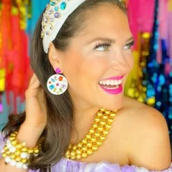Brianna Cannon White Round Drop Earrings With Rainbow Crystals Jewelry