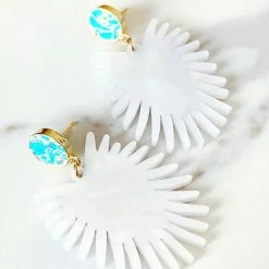 Brianna Cannon Spray Palm Earrings - White Pearl Acrylic W/gold Plated Turquoise