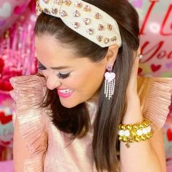 Brianna Cannon Ivory Velvet Headband With Hand-Sewn Pink Heart Crystals New Arrivals