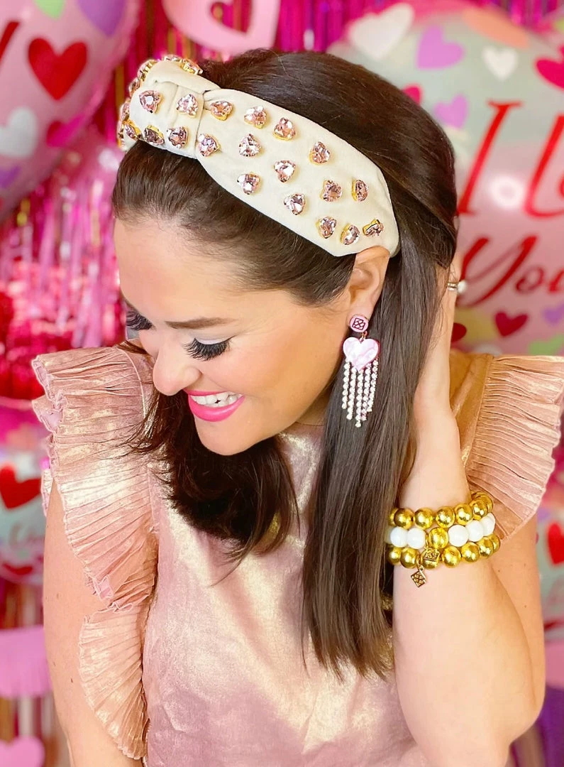 Wholesale ⭐ Brianna Cannon Ivory Velvet Headband With Hand-Sewn Pink Heart Crystals New Arrivals ✨ 3 Brianna Cannon Ivory Velvet Headband With Hand-Sewn Pink Heart Crystals New Arrivals