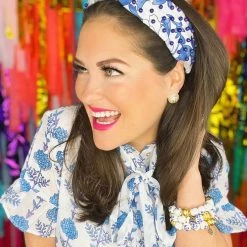 Brianna Cannon New Arrivals Blue And White Chinoiserie Headband With Hand-Sewn Beads
