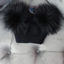 Maniere Double Raccoon Fur Baby Pom Beanie Kid's Hats